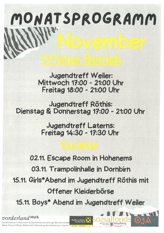 Monatsprogramm November © Assistentin Offene Jugendarbeit Lebensraum Vorderland